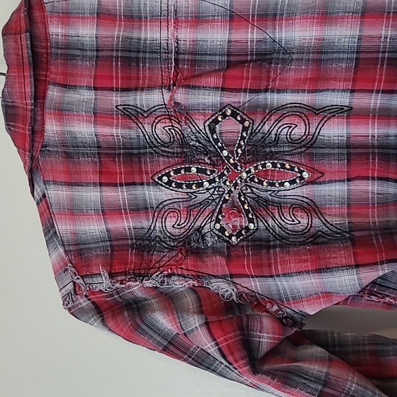 Wrangler Small Women's red black grey western plaid shirt lace frayed seams - Picture 6 of 8